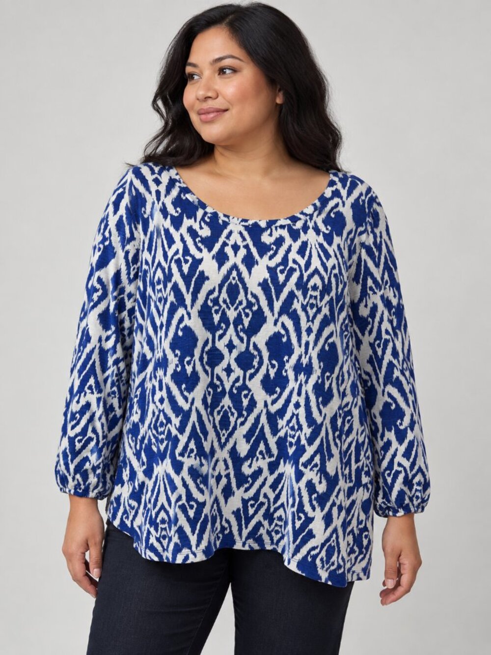 Chico's Blue White Geometric Print Long Sleeve Tee Women's Size 2 Cotton Modal